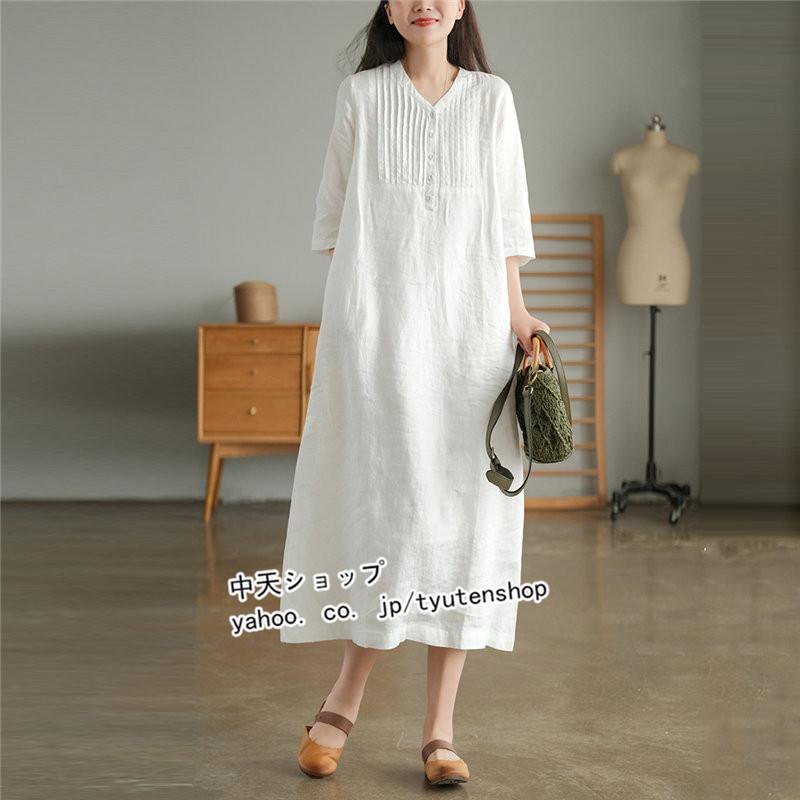ワンピース レディース 春夏 リネンワンピース 半袖 vネック おしゃれ