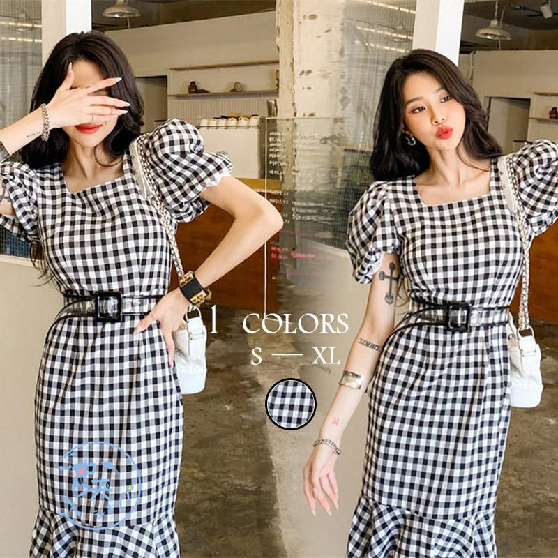 タイトワンピース マーメイドワンピース ロングワンピース レディース夏 パフスリーブ 半袖 チェック柄 スクエアネック 着痩せ きれいめ 飲み会 謝恩会 S M L Xl Hhav 中天ショップ 通販 Yahoo ショッピング