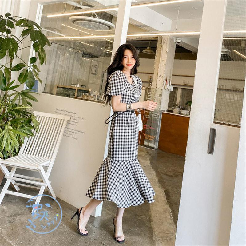 タイトワンピース マーメイドワンピース ロングワンピース レディース夏 パフスリーブ 半袖 チェック柄 スクエアネック 着痩せ きれいめ 飲み会 謝恩会 S M L Xl Hhav 中天ショップ 通販 Yahoo ショッピング
