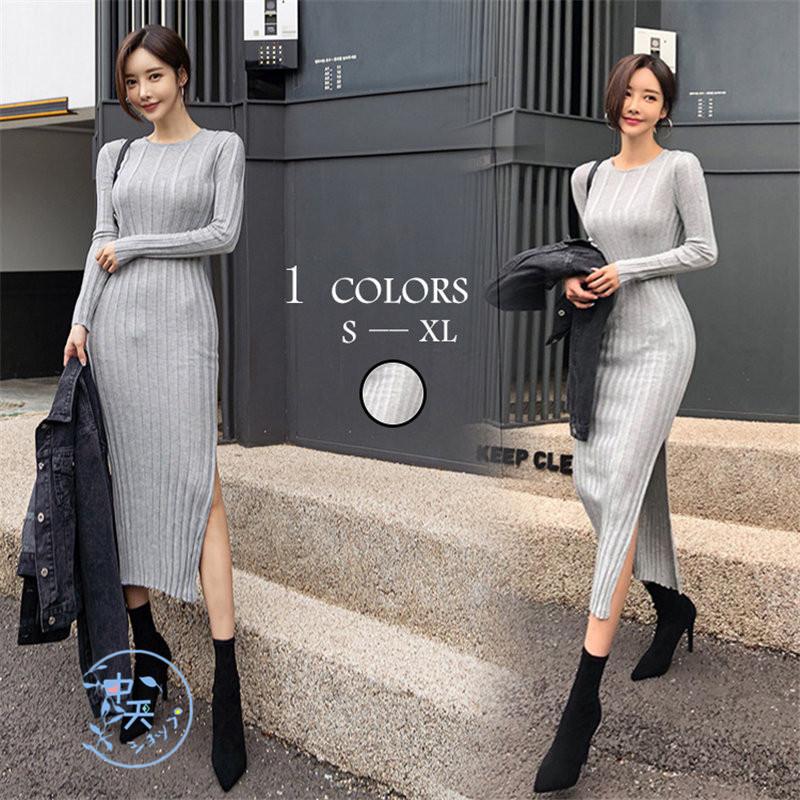 ニットワンピース ミモレワンピース タイトワンピース レディース 長袖ワンピース 丸首 カジュアル ストライプ柄 お出かけ 代30代 着痩せ スリット 秋冬 Hhav4133 中天ショップ 通販 Yahoo ショッピング