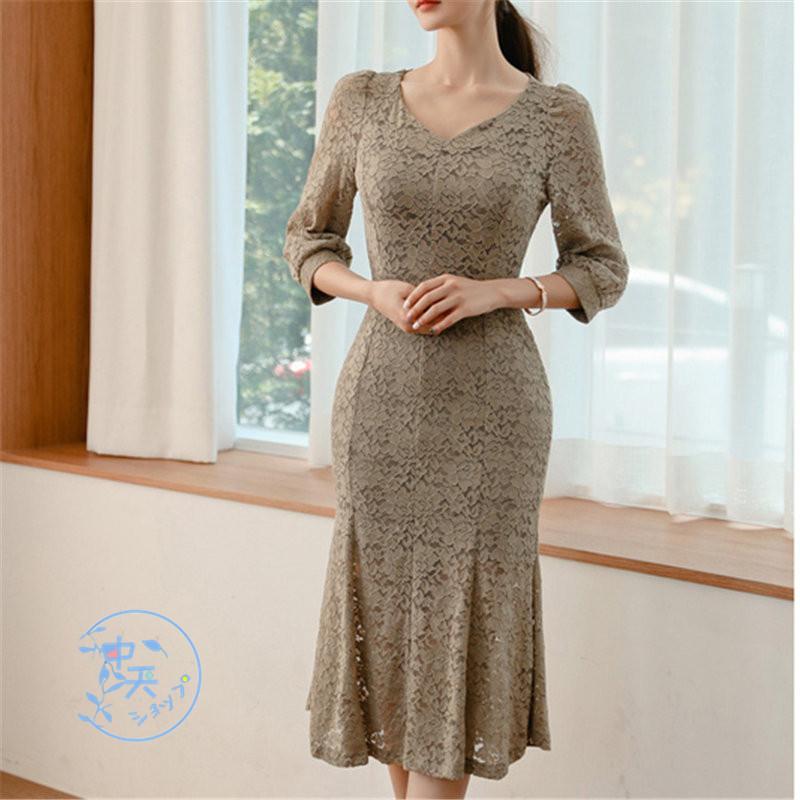 タイトワンピース マーメイドワンピース 夏ワンピース 七分袖ワンピース レディース Vネック ひざ下ワンピース レース 透け感 お呼ばれ 30代40代 きれいめ Hhav 中天ショップ 通販 Yahoo ショッピング