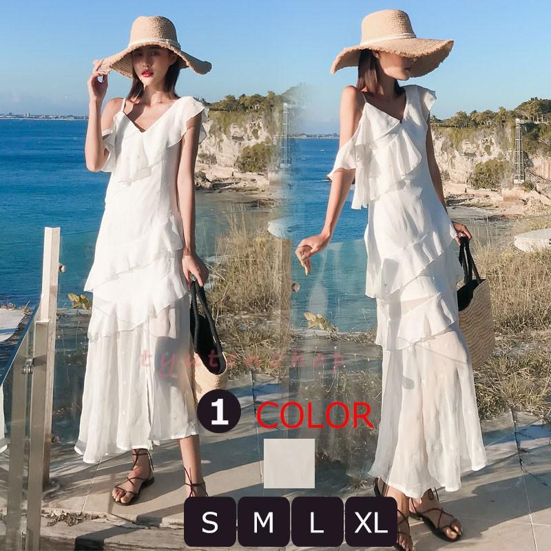 ワンピースレディース ビーチ リゾート 白ロングワンピース 無地シフォンファッワンピース スリット Vネック 夏服 旅行におすすめ お遊び 海 Hhd 中天ショップ 通販 Yahoo ショッピング