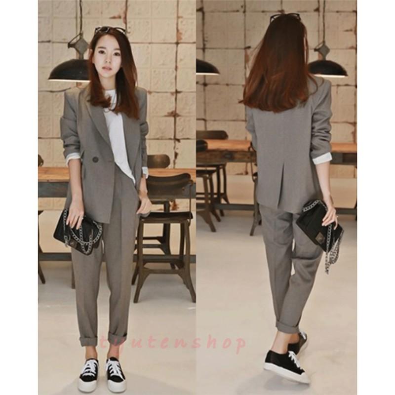 パンツスーツ レディース 2点セット春夏パンツスーツ 韓国風 黒ジャケット パンツス一ツ発表会入園式スーツ大人気新作女性 面接 就活 通勤 Xl グレー Hhd 中天ショップ 通販 Yahoo ショッピング