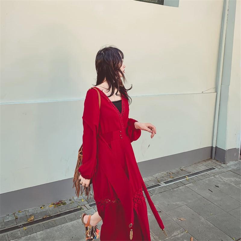 赤ワンピースレディース リゾート ビーチ 民族風 無地 スリット ロングワンピ フード付き 深いvネック バルーンスリーブ 長袖 春 旅行 海 お遊び お出かけ Hhd 中天ショップ 通販 Yahoo ショッピング