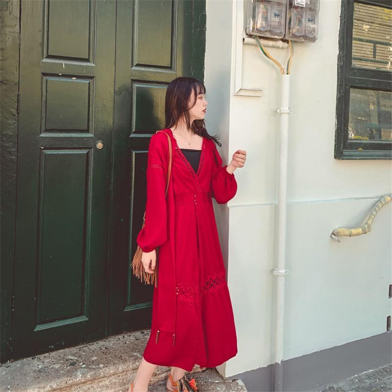 赤ワンピースレディース リゾート ビーチ 民族風 無地 スリット ロングワンピ フード付き 深いvネック バルーンスリーブ 長袖 春 旅行 海 お遊び お出かけ Hhd 中天ショップ 通販 Yahoo ショッピング