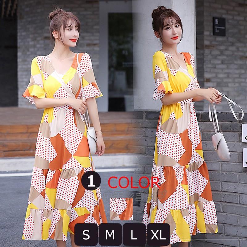 ワンピースレディース プリント ロングワンピース シフォンファッワンピース きれいめ ベルスリーブ Vネック フレアワンピース 五分袖 通勤 着痩せ おしゃれ Hhd 中天ショップ 通販 Yahoo ショッピング