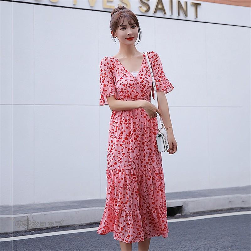 ロングワンピース レディース プリント ピンクシフォンファッワンピース 深いvネック フレアワンピース ベルスリーブ 半袖 成人式 お出かけ きれいめ Hhd 中天ショップ 通販 Yahoo ショッピング