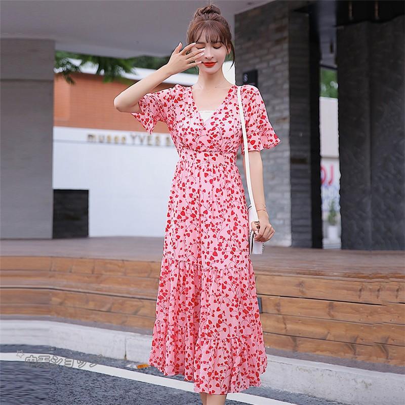 ロングワンピース レディース プリント ピンクシフォンファッワンピース 深いvネック フレアワンピース ベルスリーブ 半袖 成人式 お出かけ きれいめ Hhd 中天ショップ 通販 Yahoo ショッピング