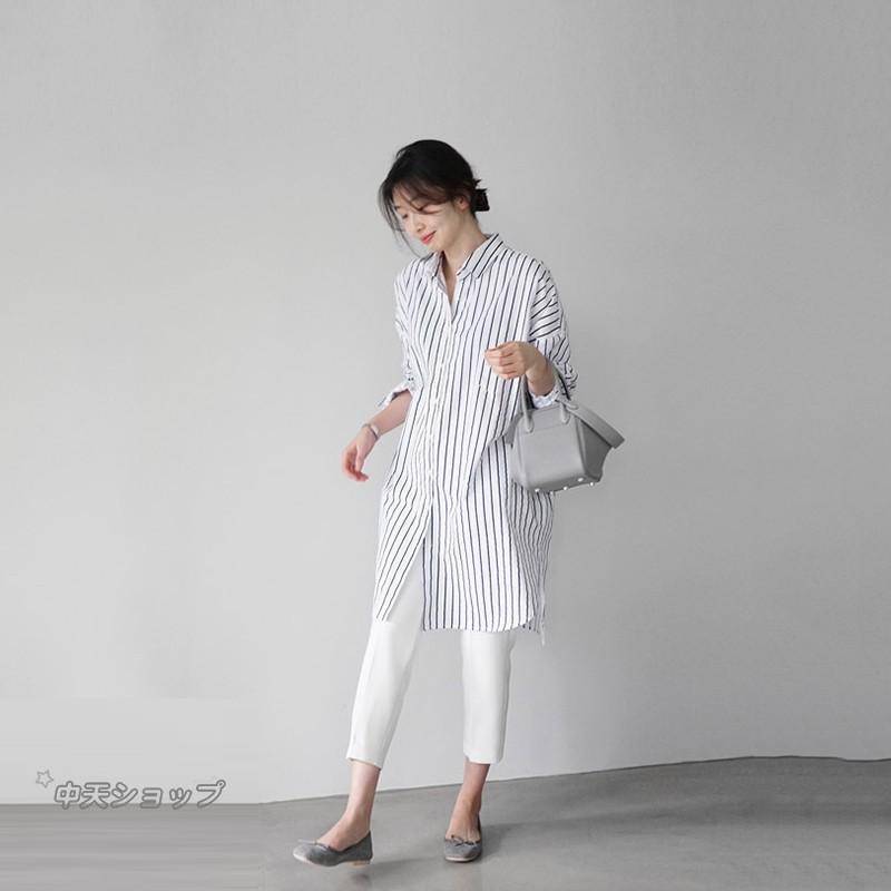 シャツ ブラウス チュニック ロングシャツ ストライプシャツ/白シャツ