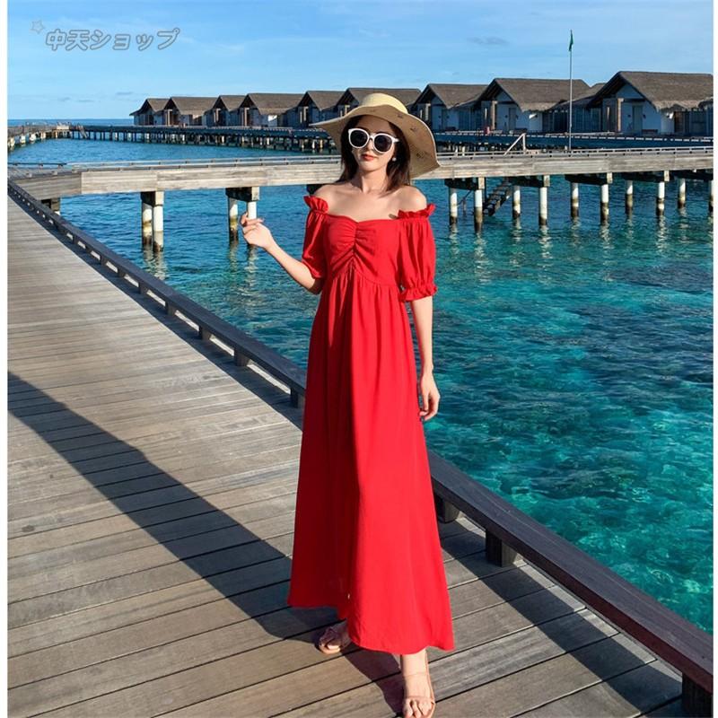 オフショルダーワンピース 赤 無地 シフォンァッワンピース レトロ マキシワンピース オフショルダー肩出し バックレス 五分袖 披露宴 お祝い 大人気 きれいめ Hhd 中天ショップ 通販 Yahoo ショッピング