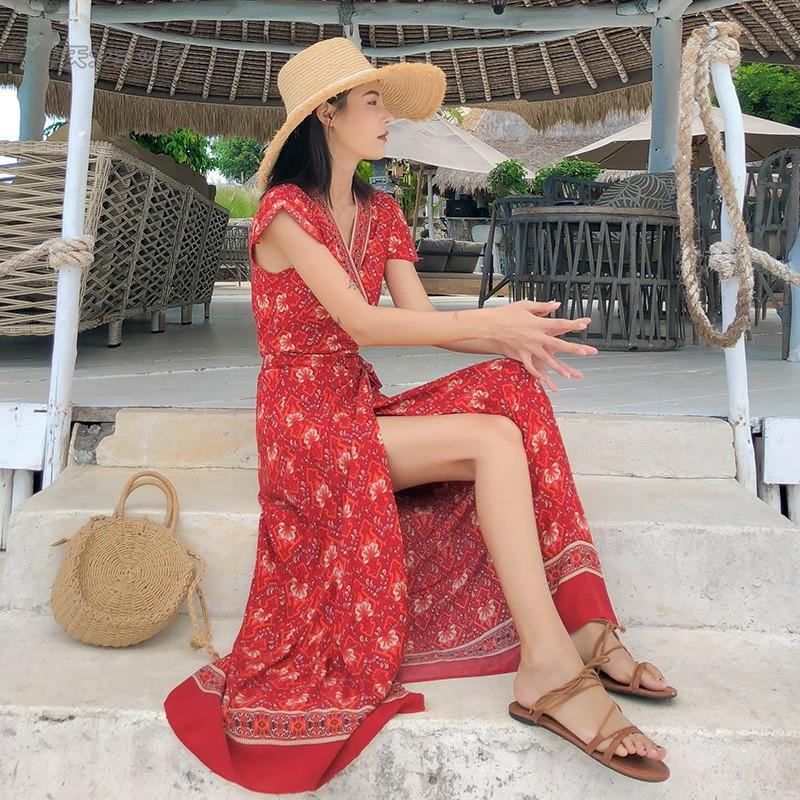 赤ワンピースレディース リゾート プリント 民族風 スリット Aラインワンピース ロングワンピース 半袖 Vネック 夏物 ハワイ 旅行 お遊び 着痩せ きれいめ Hhd 中天ショップ 通販 Yahoo ショッピング