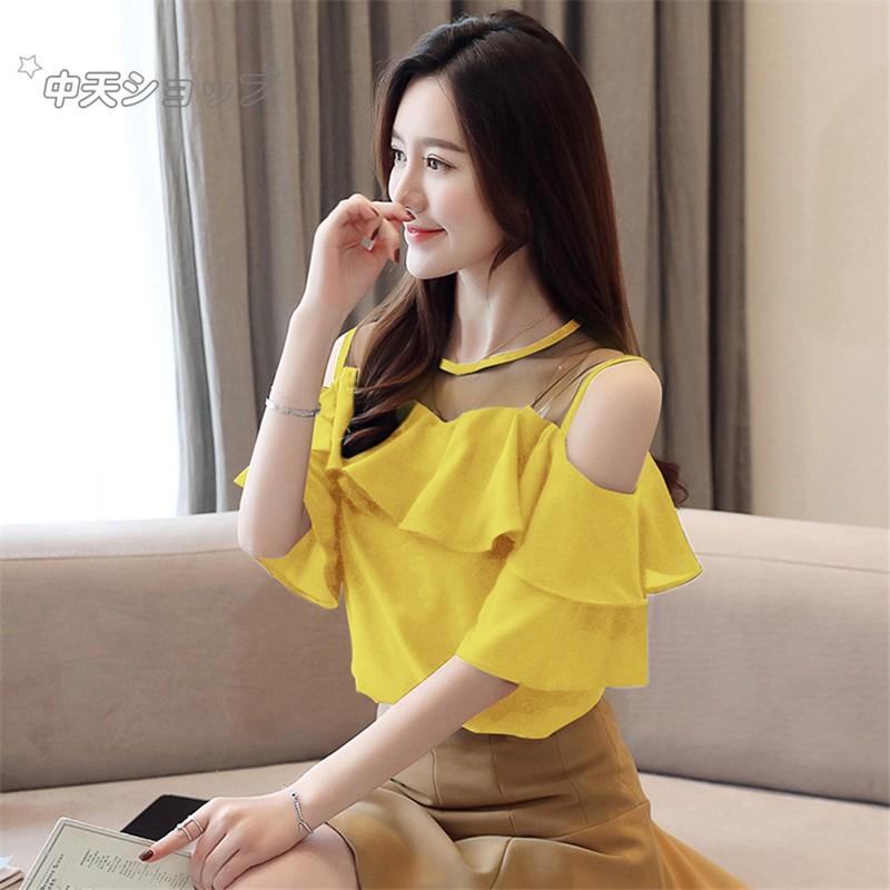 ブラウス 無地 シフォン トップス 肩出し シャツ 切り替え レース