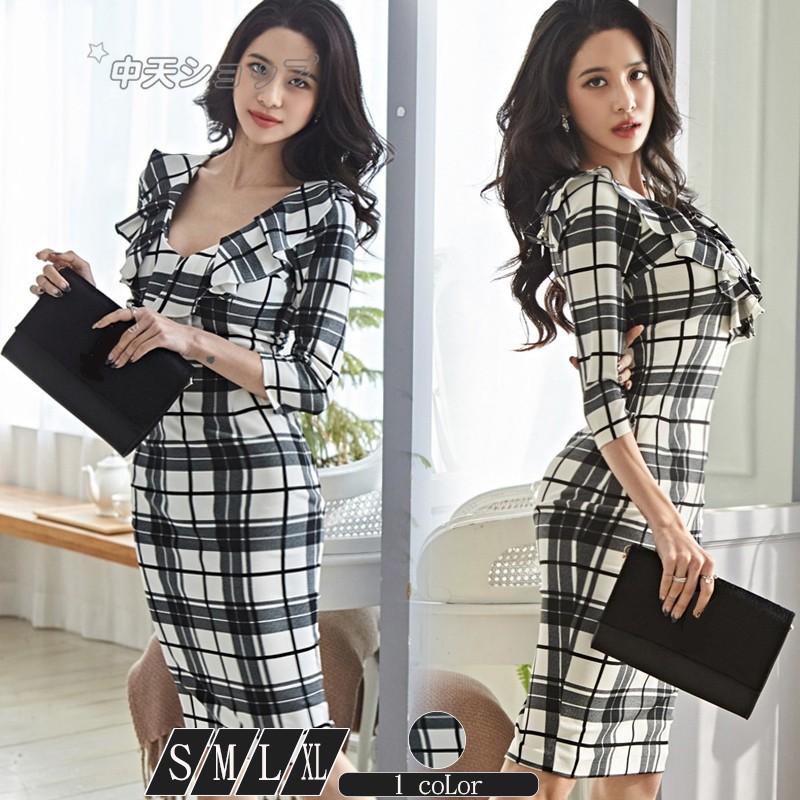 チェック柄ワンピース ヒップラップ スリム 膝丈ワンピース フリル付き Vネック 七分袖 着痩せ 春夏 食事会 通勤 Ol 仕事 オフィス ファッション オシャレ Hhd 中天ショップ 通販 Yahoo ショッピング