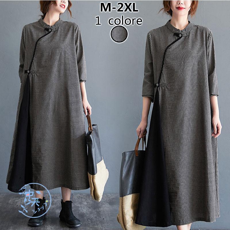 ゆるワンピース ロングワンピース ミモレワンピース 秋冬 カジュアル 大きいサイズワンピース 長袖 チャイナ風 チェック柄 ゆったり バイカラー 大人 着回し Hhl 中天ショップ 通販 Yahoo ショッピング