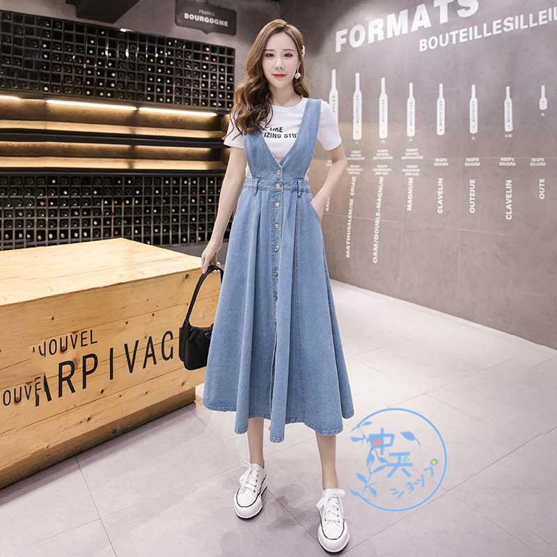 デニムスカート フレアスカート サロペットスカート夏 秋 ミモレ