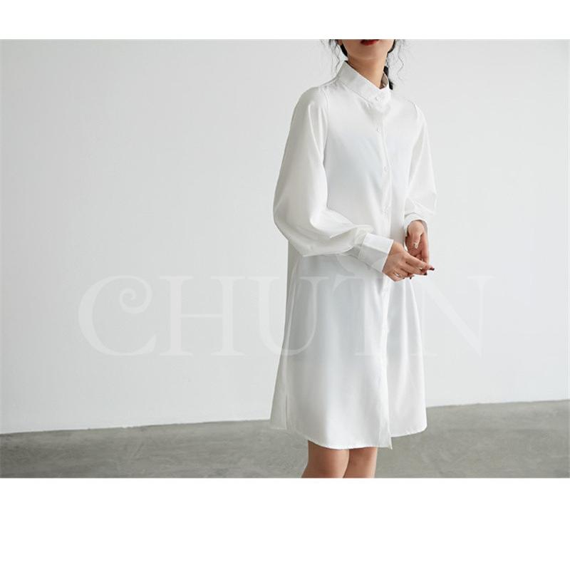 2292Z 美品 ルフィル ストレッチシャツワンピース バンドカラー 長袖 白 お手入れ簡単！麻混涼やかドライエックスバンドカラーシャツ