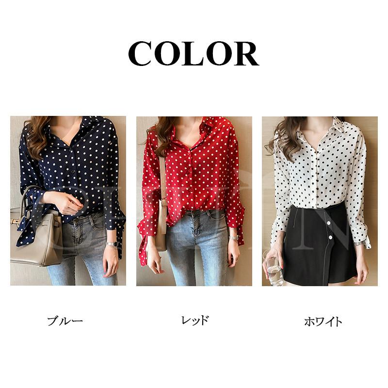 シャツ ブラウス レディース 長袖 ドット柄 袖蝶結び シフォンブラウス 