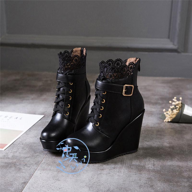 春ウェッジソールパンプス歩きやすい厚手レースショートブーツ レース