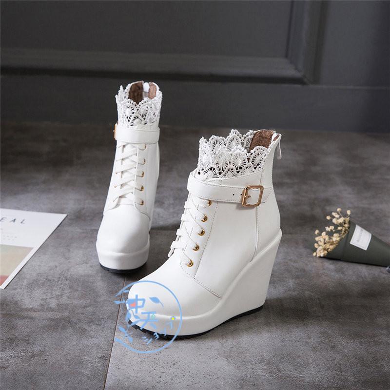 春ウェッジソールパンプス歩きやすい厚手レースショートブーツ レース
