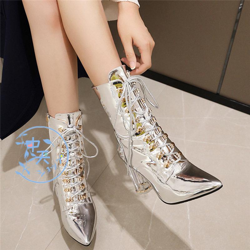 ブーティーダンスショートブーツ  レースアップ  秋冬  ヒール8.5cm クリアヒールブーツ内ボア パーティー コスプレ 結婚式  ブーティーピンヒール2021防寒