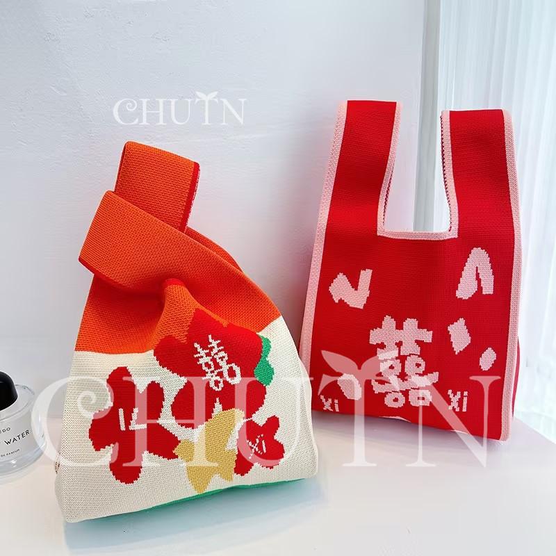 ニット トートバッグ レディース可愛いニットバッグ軽量花柄トート