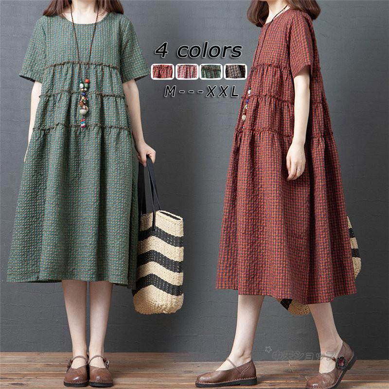 ワンピース レディース 夏 40代50代 ミモレワンピース 半袖 チェック柄 ゆったり シャツワンピース 大きいサイズ 部屋着 通勤 デイリー シンプル ママ服 ４色 Hlyfs 中天ショップ 通販 Yahoo ショッピング