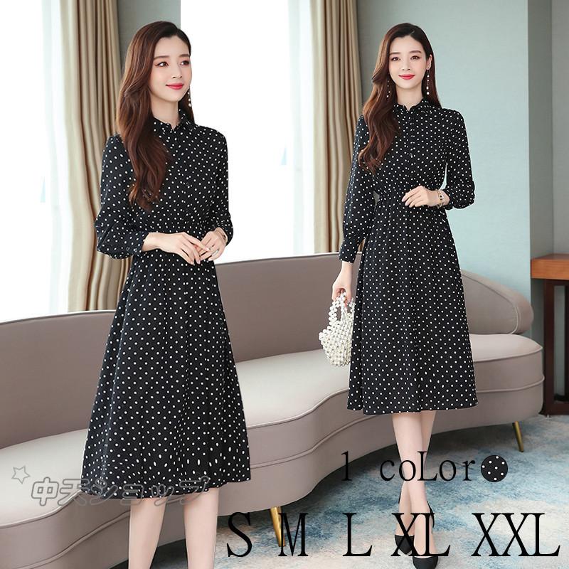 ワンピースレディース 膝丈ワンピース ドット柄 Aライン 長袖 開襟 お呼ばれ 40代50代 ファッションワンピース 二次会 食事会 30代 通勤 着痩せ 大人 Hmwl029 中天ショップ 通販 Yahoo ショッピング