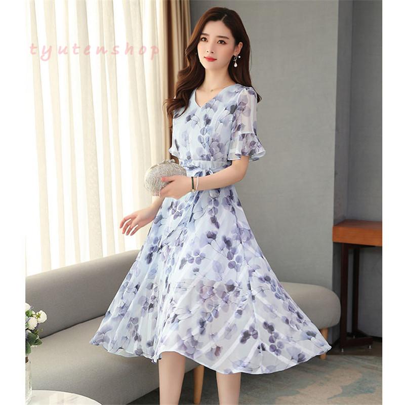 ロングワンピース夏 Aライン シフォン 花柄 お呼ばれワンピース 結婚式 お祝い 半袖 Vネック ベルスリーブ きれいめ 食事会 二次会 デート 通勤 Hmwl161 中天ショップ 通販 Yahoo ショッピング