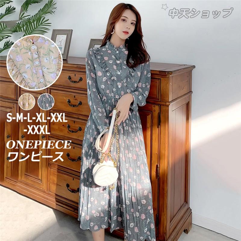 大きいサイズワンピースレディース プリント シフォン ワンピース ギャザー フレア フリル付き 長袖 春秋 秋物 着痩せ 食事会 二次会 通勤 デート おしゃれ Hmyy 中天ショップ 通販 Yahoo ショッピング