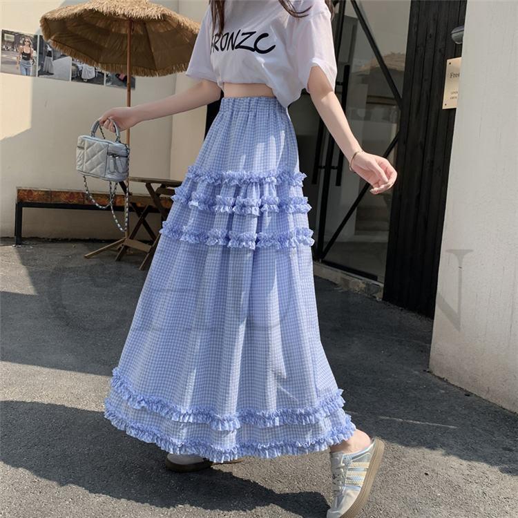 CHUTN可愛い チェック柄夏スカートロング ゆったりウエストゴム 涼しい