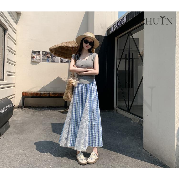 可愛い チェック柄夏スカートロングゆったりウエストゴム 涼しい