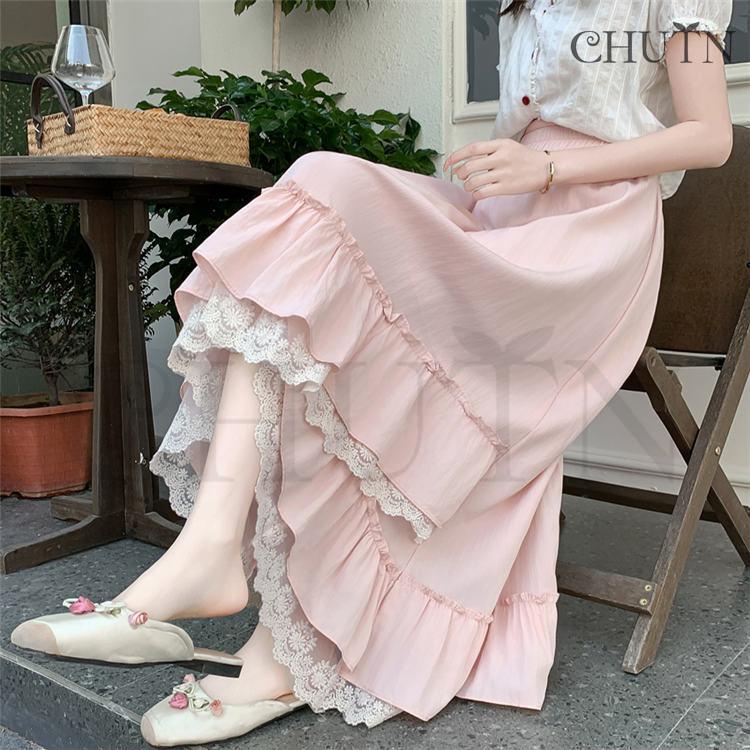 可愛い夏スカートロングゆったりウエストゴム 涼しい フレアスカート