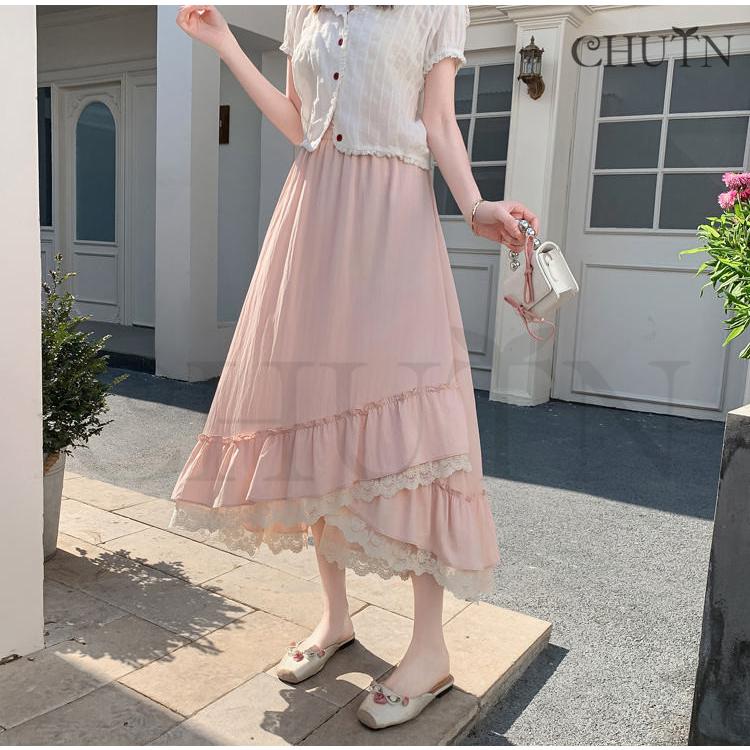 可愛い夏スカートロングゆったりウエストゴム 涼しい フレアスカート