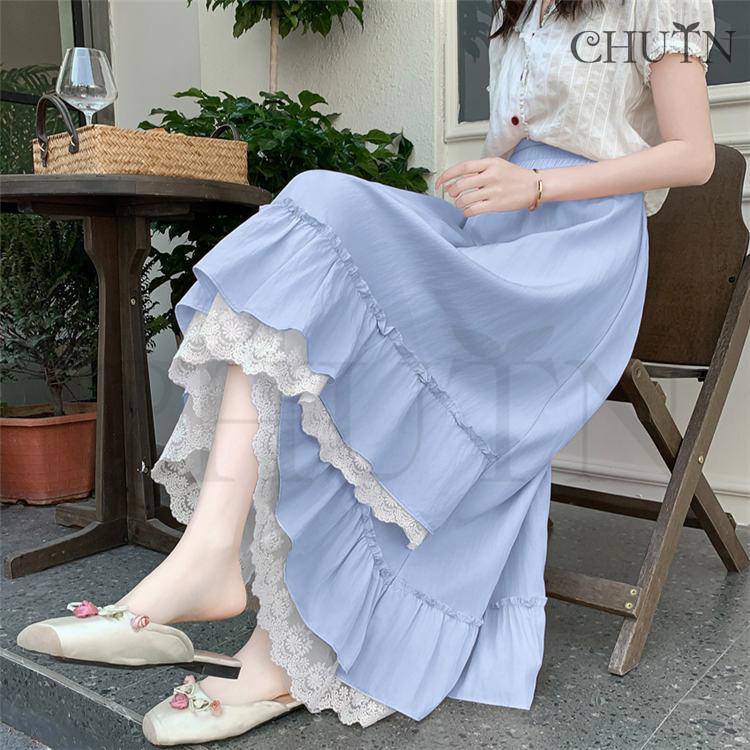 可愛い夏スカートロングゆったりウエストゴム 涼しい フレアスカート