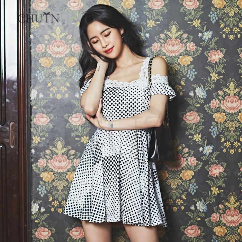 タイトワンピースミニ夏服 レースドッキングワンピース韓国風