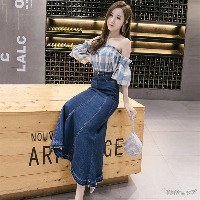 美品EENKデニムブルー ハイウエストロングスカート 高 品質ファッション - 美品EENKデニムブルー ハイウエ