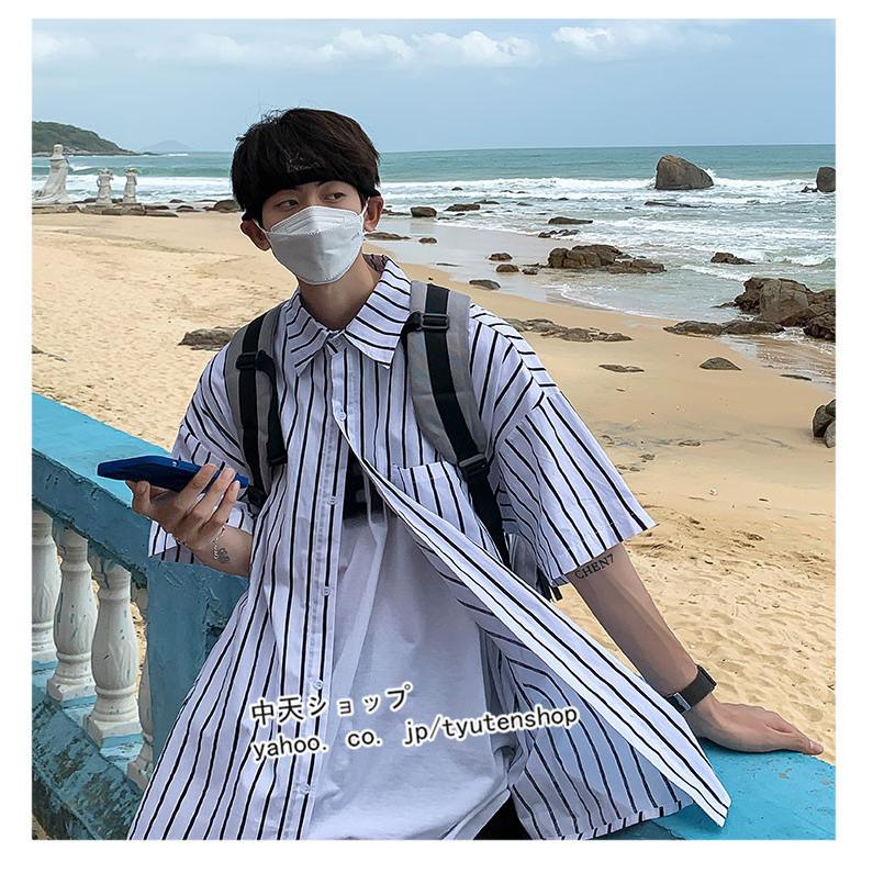 シャツ メンズシャツ 半袖 ストライプ柄 トップス 折り襟 前開きシャツ