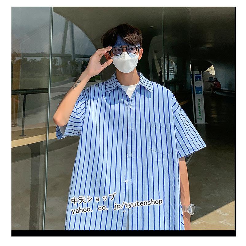 シャツ メンズシャツ 半袖 ストライプ柄 トップス 折り襟 前開きシャツ