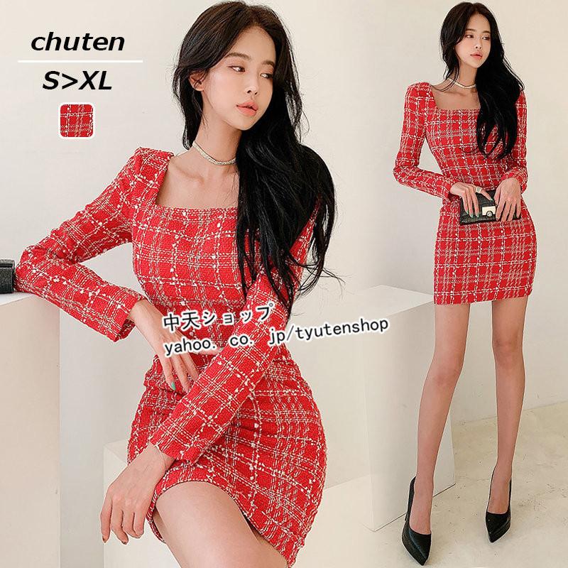 タイトワンピース 長袖ワンピースレディース30代40代 ミニワンピース チェック柄 スクエアネック お呼ばれワンピース 着痩せ フェミニン キレイめ 通勤 秋服 Hxyfs 中天ショップ 通販 Yahoo ショッピング