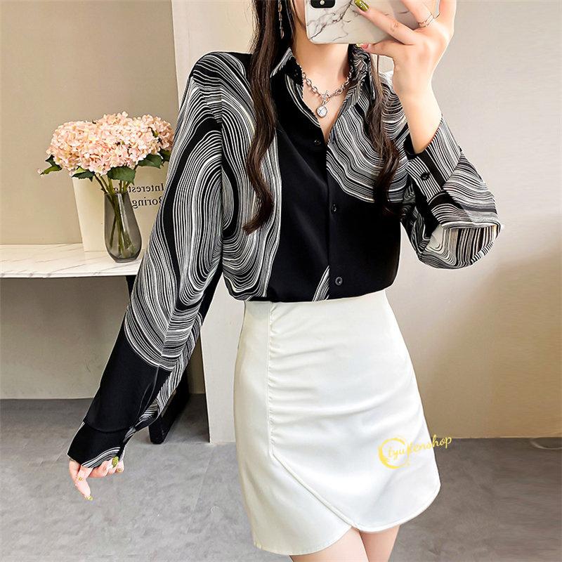 シャツブラウスレディース レトロ系ブラウス プリントブラウス 黒ブラウス オフィス長袖ボタンシフォンブラウス春夏秋 大人入学式 卒業式成人式シャツ 春新作 Hyimi 中天ショップ 通販 Yahoo ショッピング