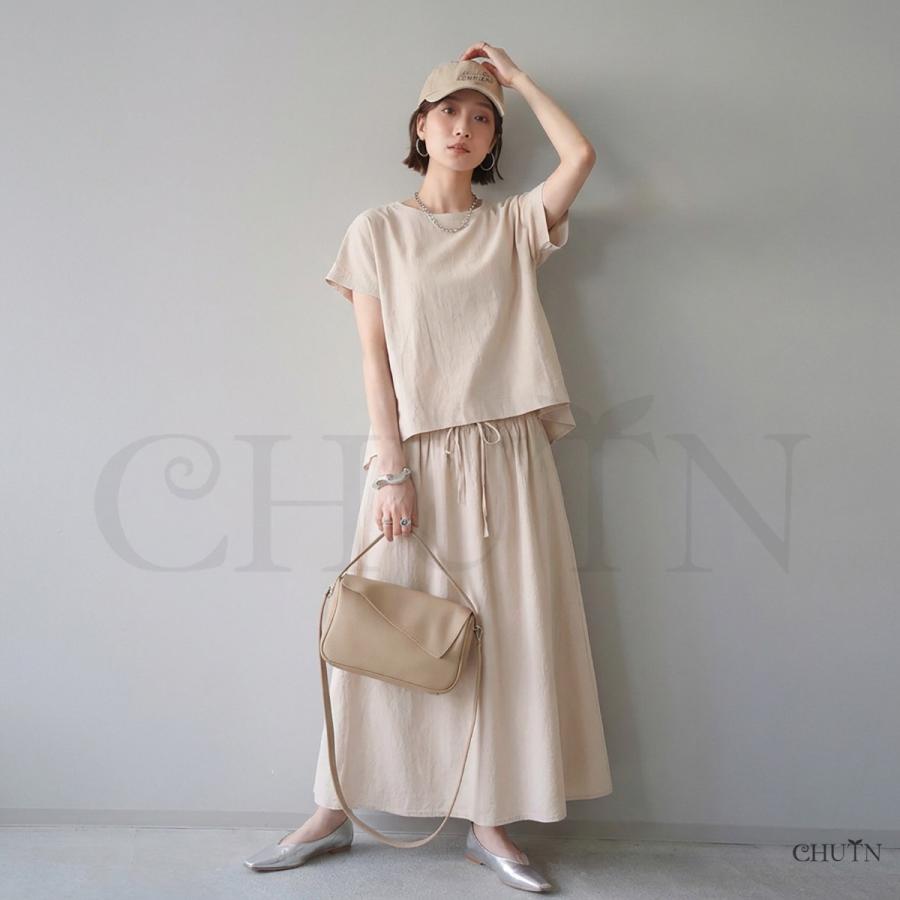 夏服セットアップ綿麻 涼しい半袖 ブラウス+スカートTシャツ aライト