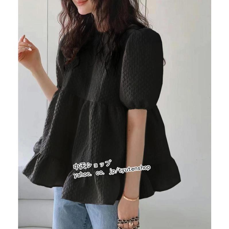 ブラウス レディース ジャガードブラウス 半袖 五分袖 エンボス