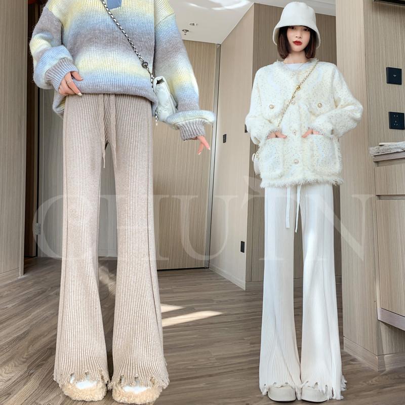 ニットパンツ レディース 秋冬 パンタロン リブニット 無地