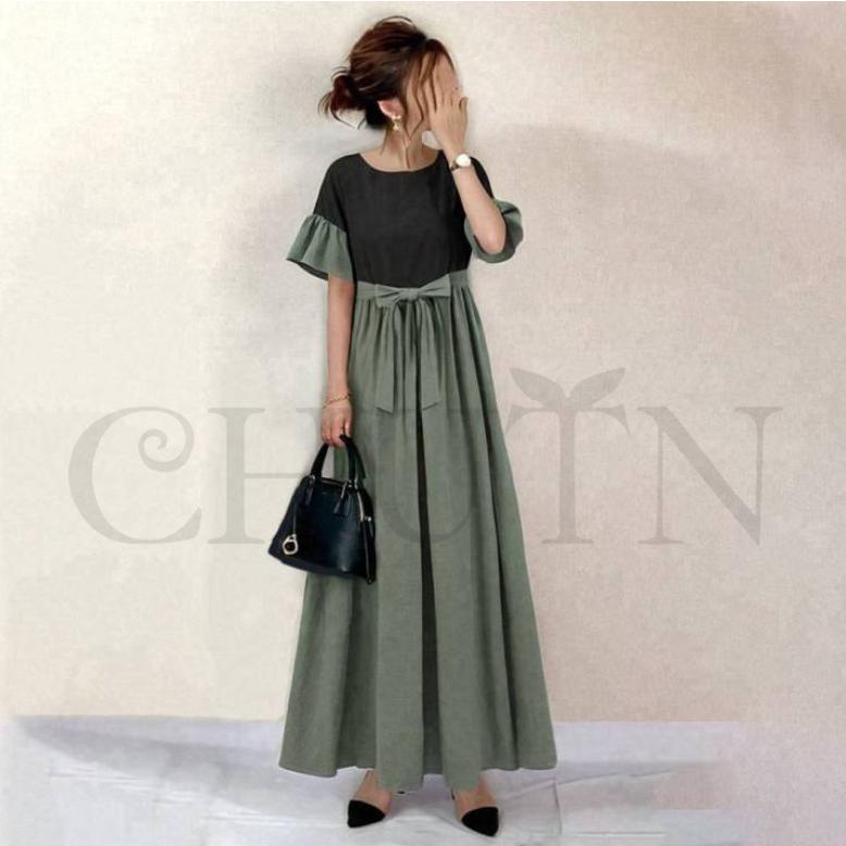 ánuans 半袖フレアワンピース ライトグリーン フレアワンピース ラウンドネック キレイめ半袖ンピース