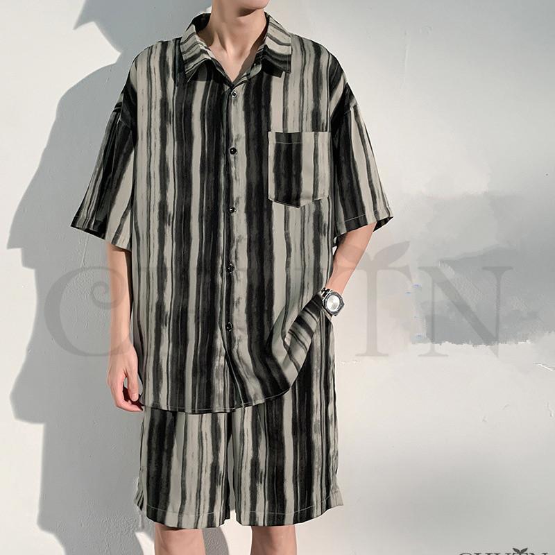 夏メンズ 花柄セットアップ 半袖シャツ+ショートパンツジャージ涼感