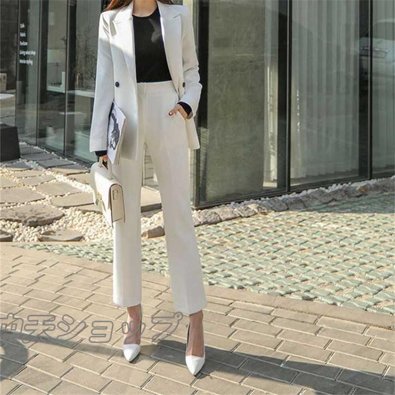 パンツスーツ レディース 2点セットパンツ黒スーツ 韓国風長袖  