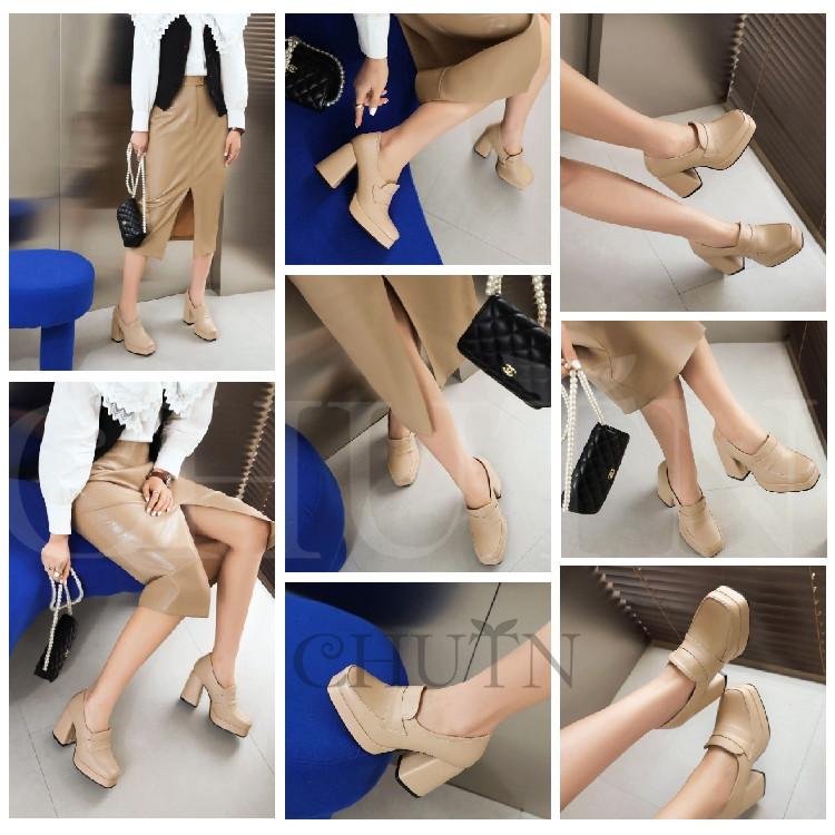 ローファー厚底ブーティー ショートブーツ パンプス黒 ハイヒール