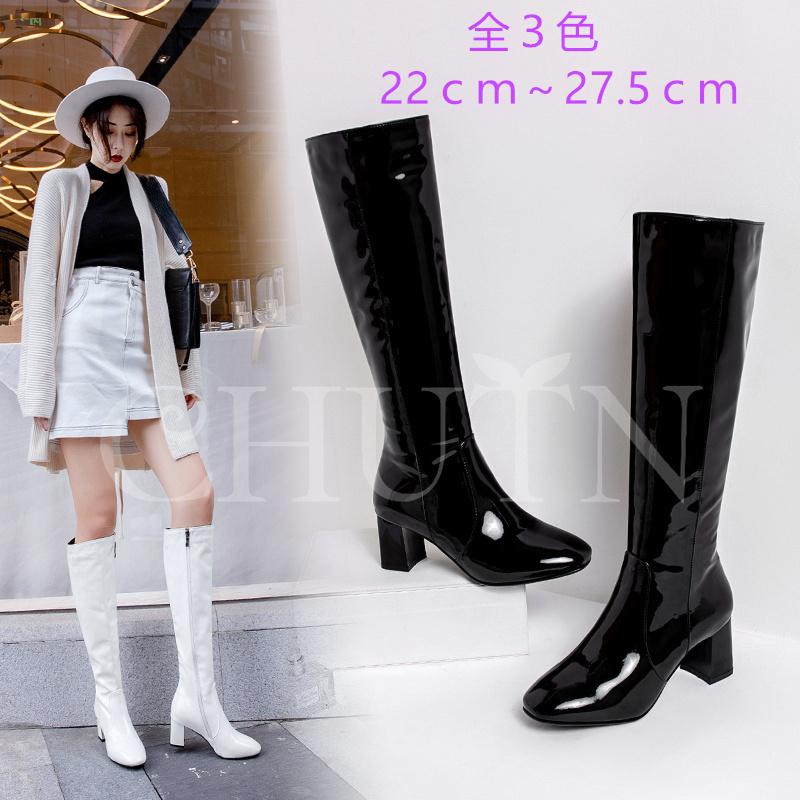 ロングブーツ レディースエナメルブーツ 長靴 履きやすい 太めヒール