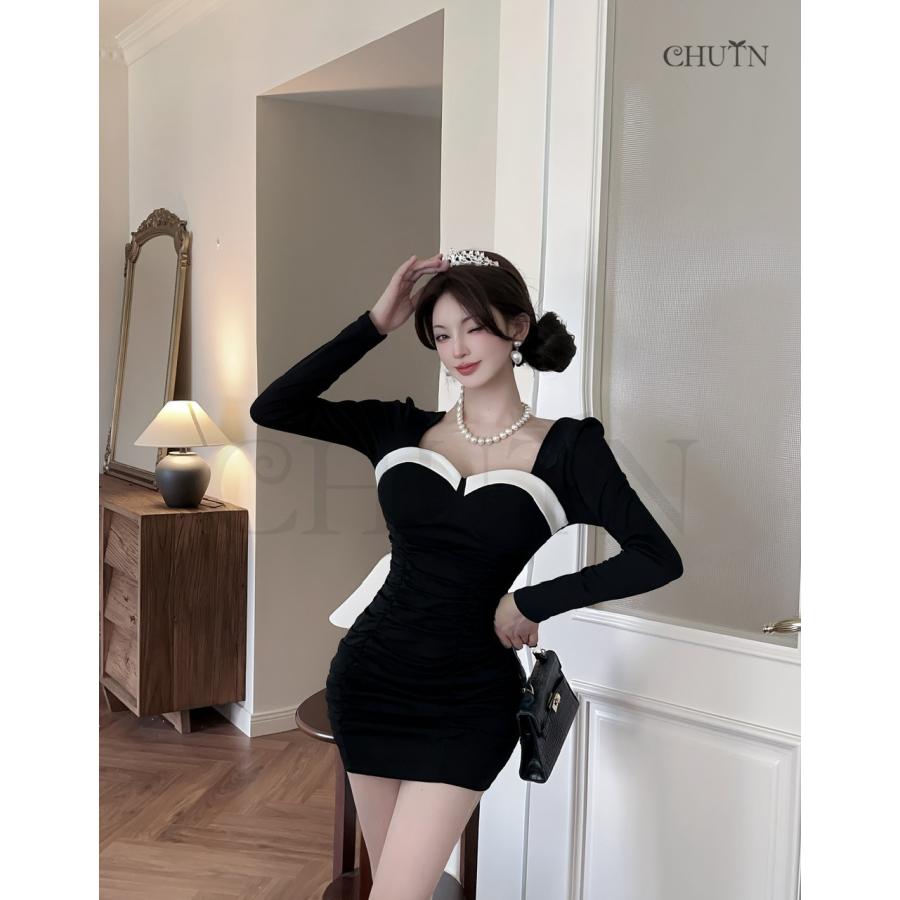 タイトワンピースミニ半袖 ドッキングワンピース成人式スクエアネック