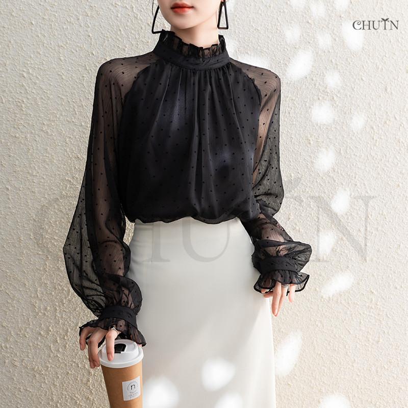 チュールブラウスタートルネックラウスシャツ レディース透け感 長袖